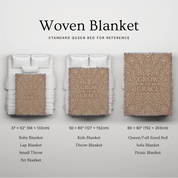 Neutral-toned woven blanket with the phrase "Grow in Grace" surrounded by elegant floral design; made from 100% cotton with fringe, perfect Christian gift or decor.