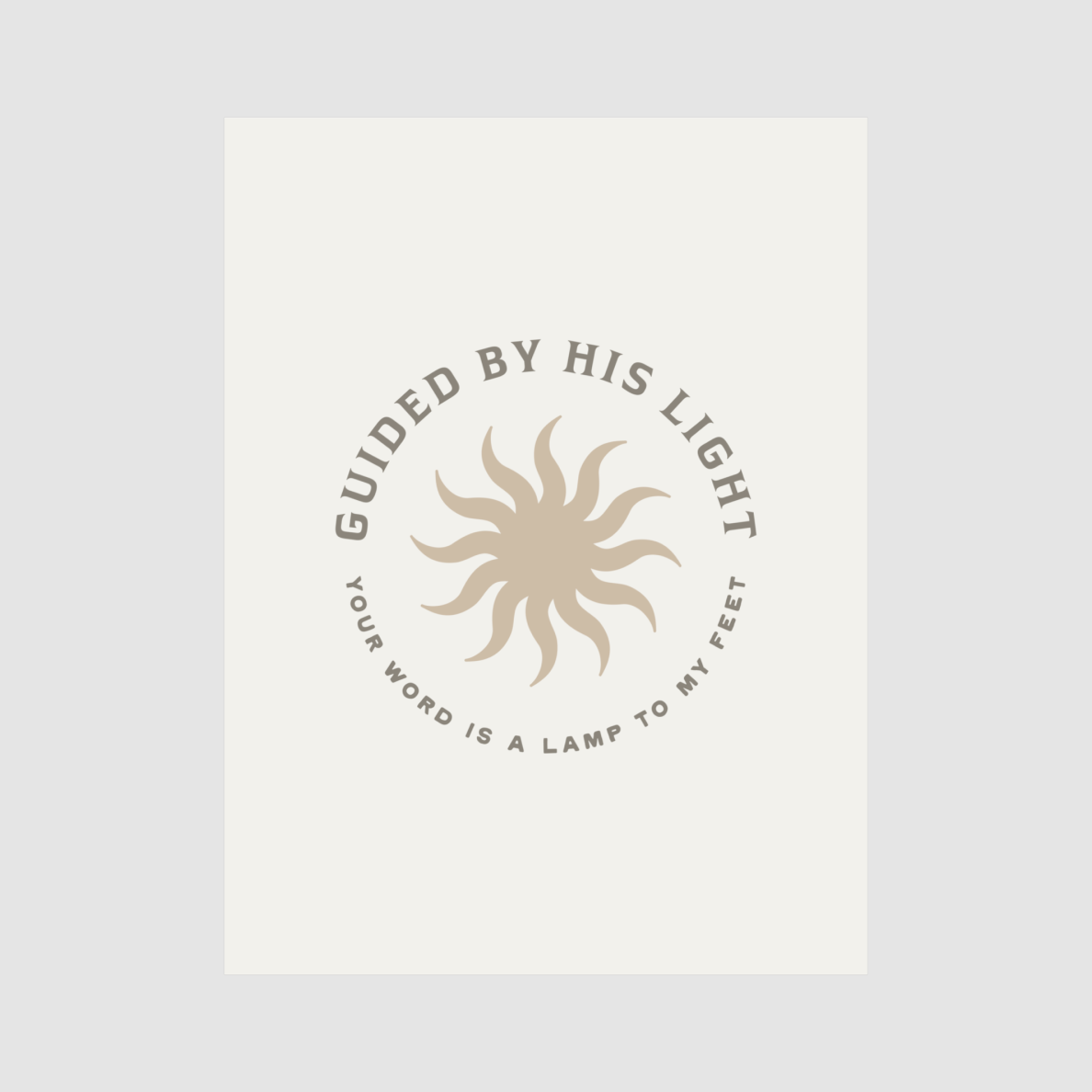 Poster with sun design and text 'Guided by His Light' on a white background
