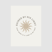 Poster with sun design and text 'Guided by His Light' on a white background