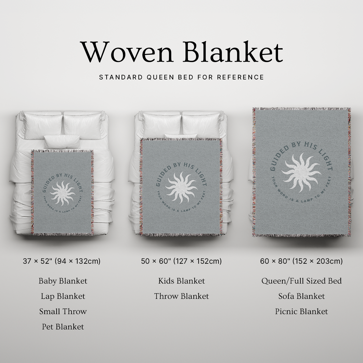Woven blanket with size options and brand logo on a light gray background