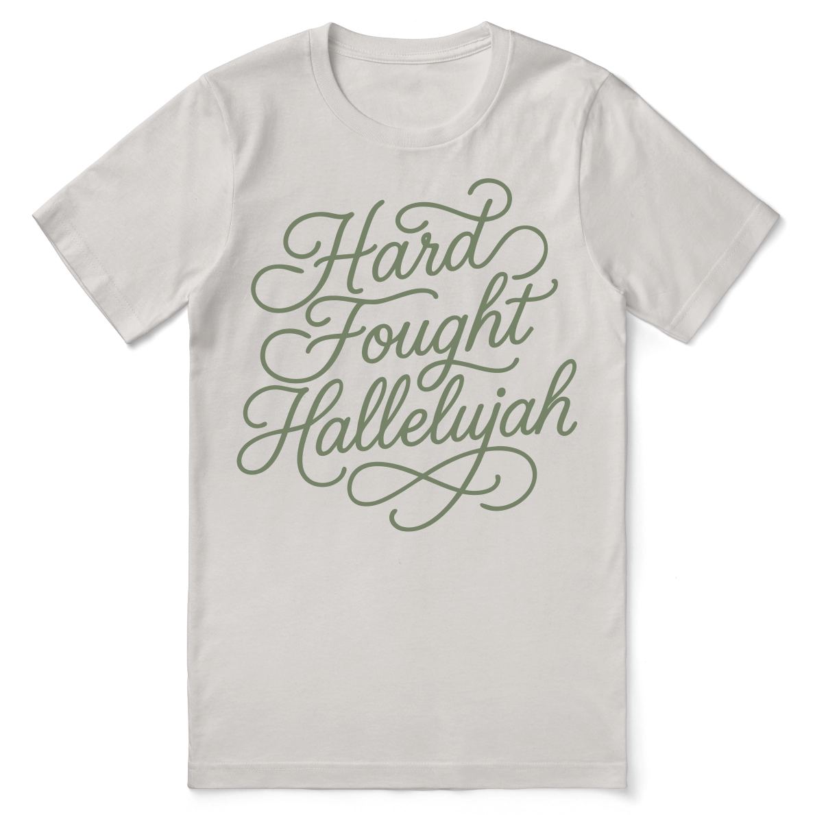 Christian t-shirt with hand-lettered “Hard Fought Hallelujah” design; unisex cotton tee for faith, perseverance, and praise through hardship.