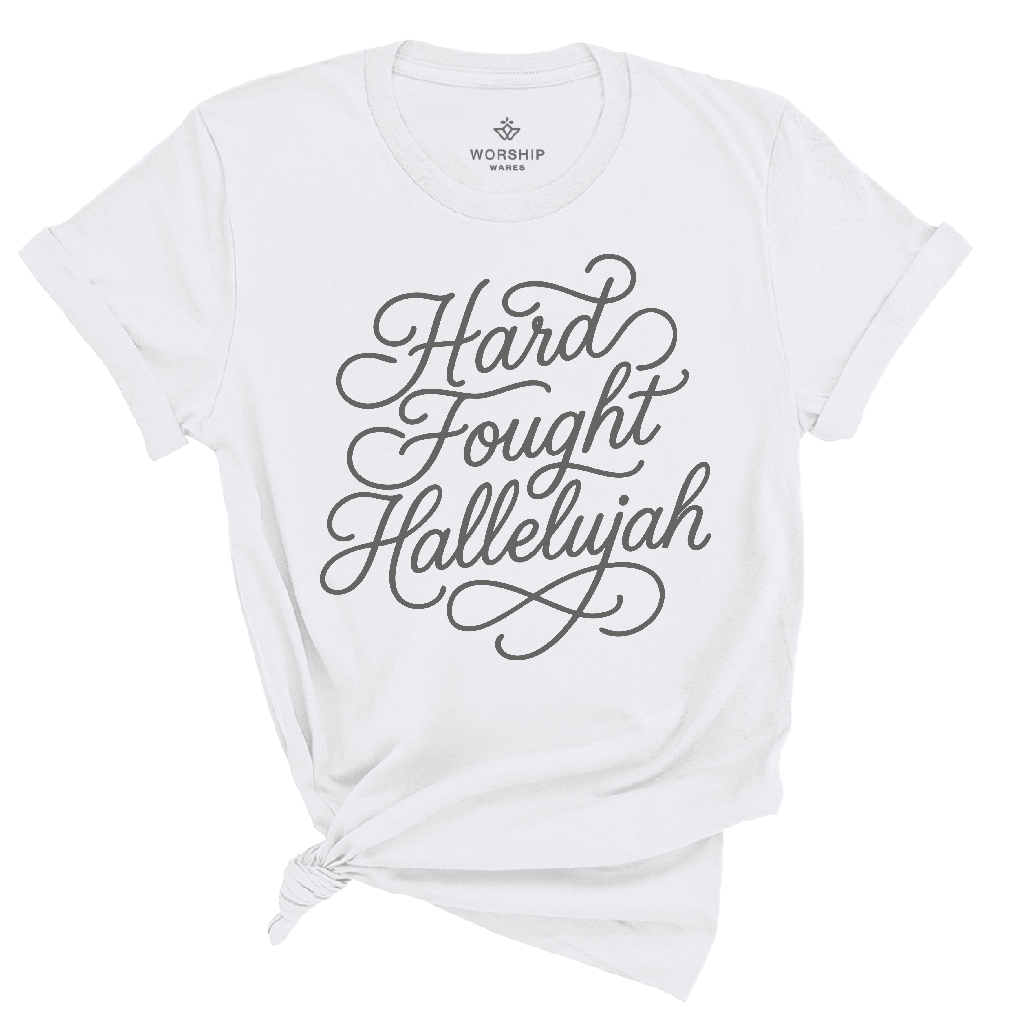 Unisex Christian t-shirt with hand-lettered “Hard Fought Hallelujah” text; soft cotton faith-based shirt for worship, encouragement, and praise through trials.
