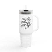 40oz stainless steel travel mug with the phrase “Hard Fought Hallelujah” in script lettering; insulated Christian tumbler with straw and lid, perfect for faith-filled encouragement.