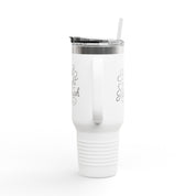 40oz stainless steel travel mug with the phrase “Hard Fought Hallelujah” in script lettering; insulated Christian tumbler with straw and lid, perfect for faith-filled encouragement.