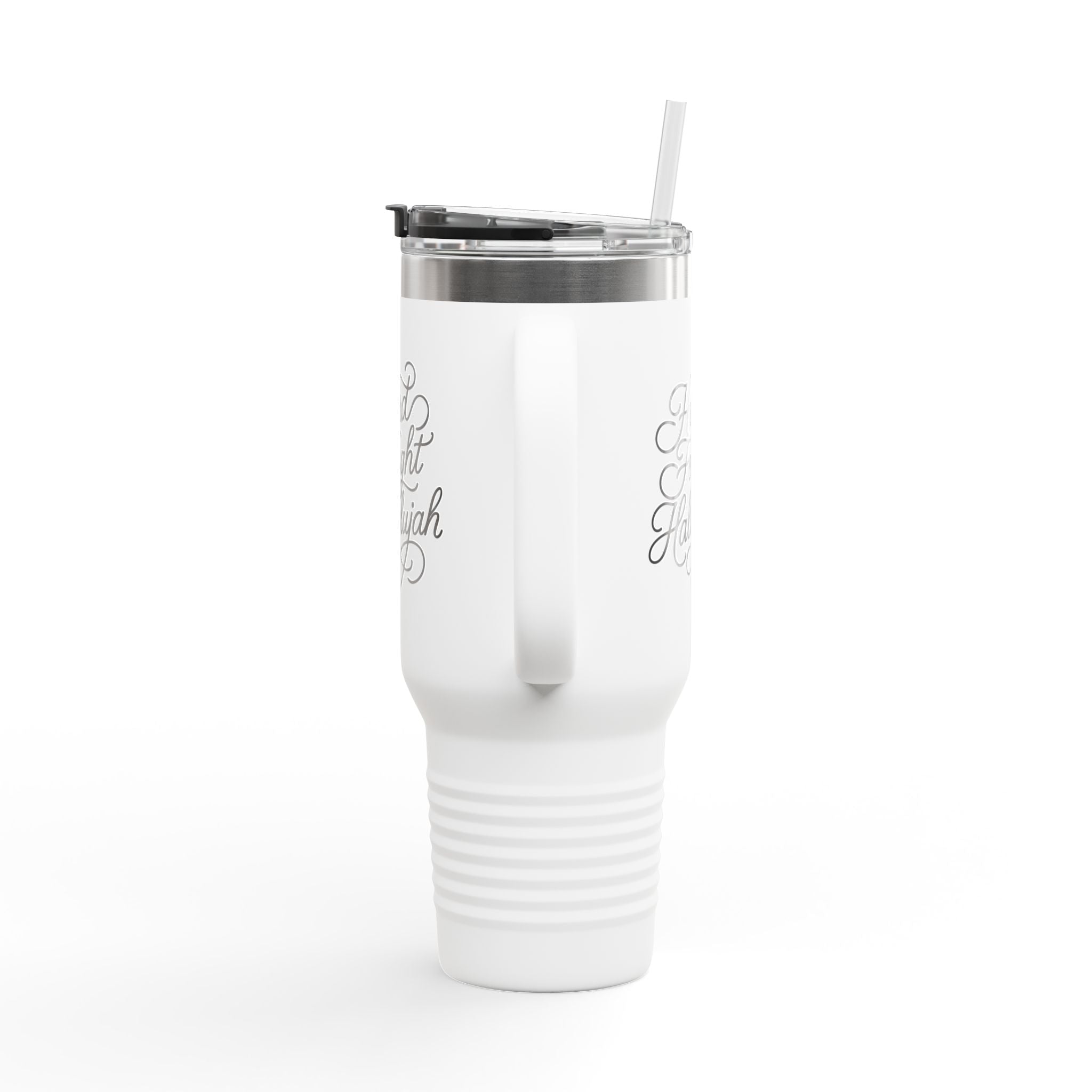 40oz stainless steel travel mug with the phrase “Hard Fought Hallelujah” in script lettering; insulated Christian tumbler with straw and lid, perfect for faith-filled encouragement.