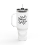 40oz stainless steel travel mug with the phrase “Hard Fought Hallelujah” in script lettering; insulated Christian tumbler with straw and lid, perfect for faith-filled encouragement.
