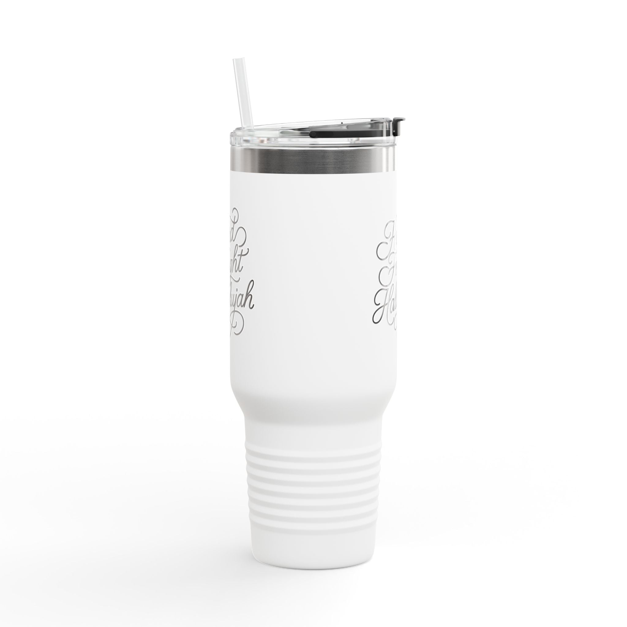 40oz stainless steel travel mug with the phrase “Hard Fought Hallelujah” in script lettering; insulated Christian tumbler with straw and lid, perfect for faith-filled encouragement.