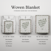 Woven blanket with text on a gray background