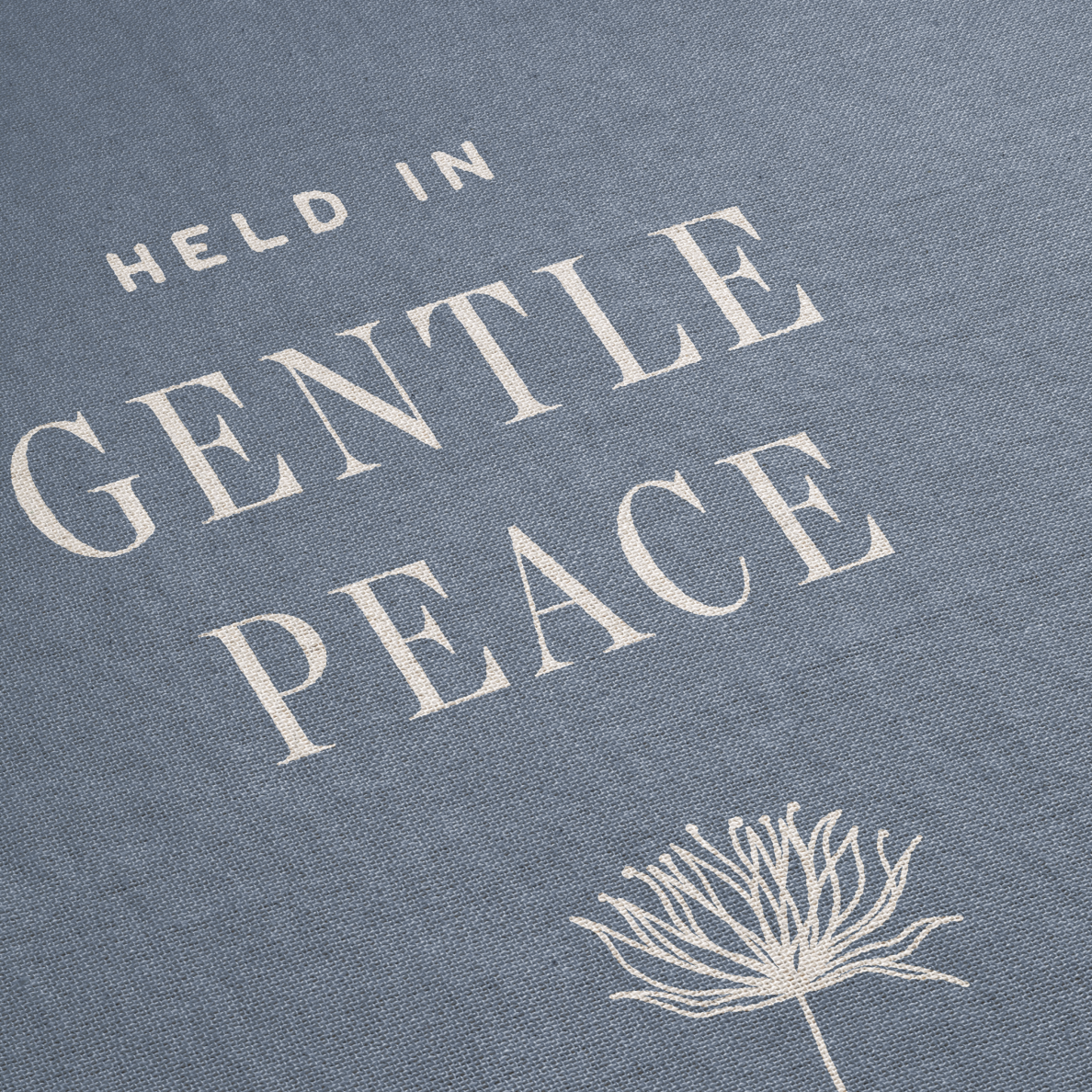 Text 'HELD IN GENTLE PEACE' on a textured blue background with a white flower illustration.