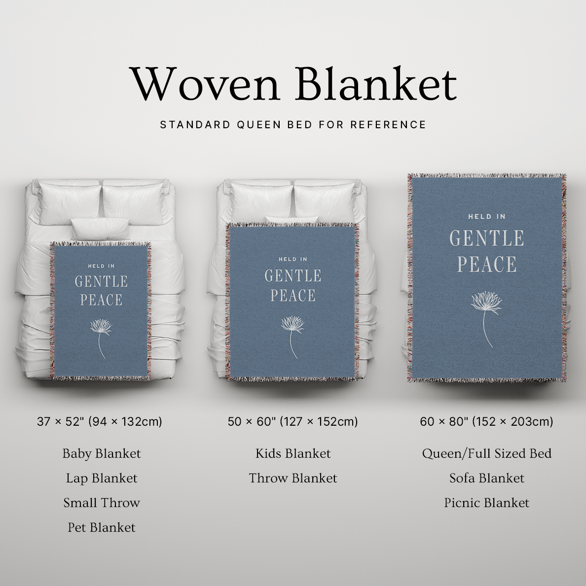 Woven blanket with text and size chart on a light gray background