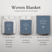 Woven blanket with text and size chart on a light gray background
