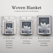 Woven blanket with floral design on a white background, showing different sizes.