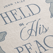 Textual design with 'HELD IN HIS PEACE' and 'JOHN 14:27' on a light background
