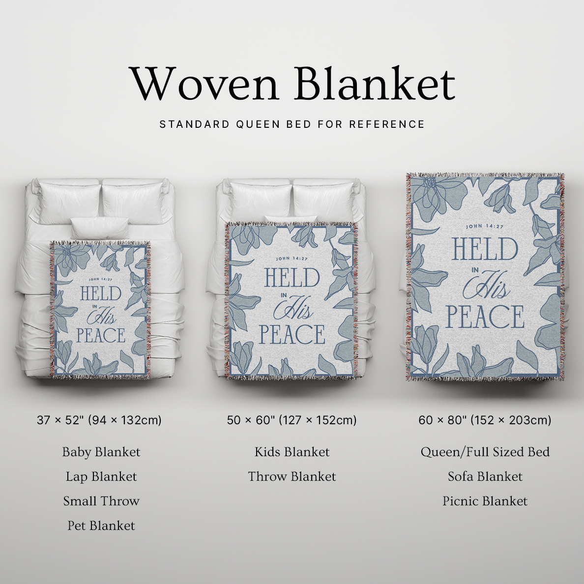 Woven blanket with floral design and text, shown in various sizes on a light gray background.