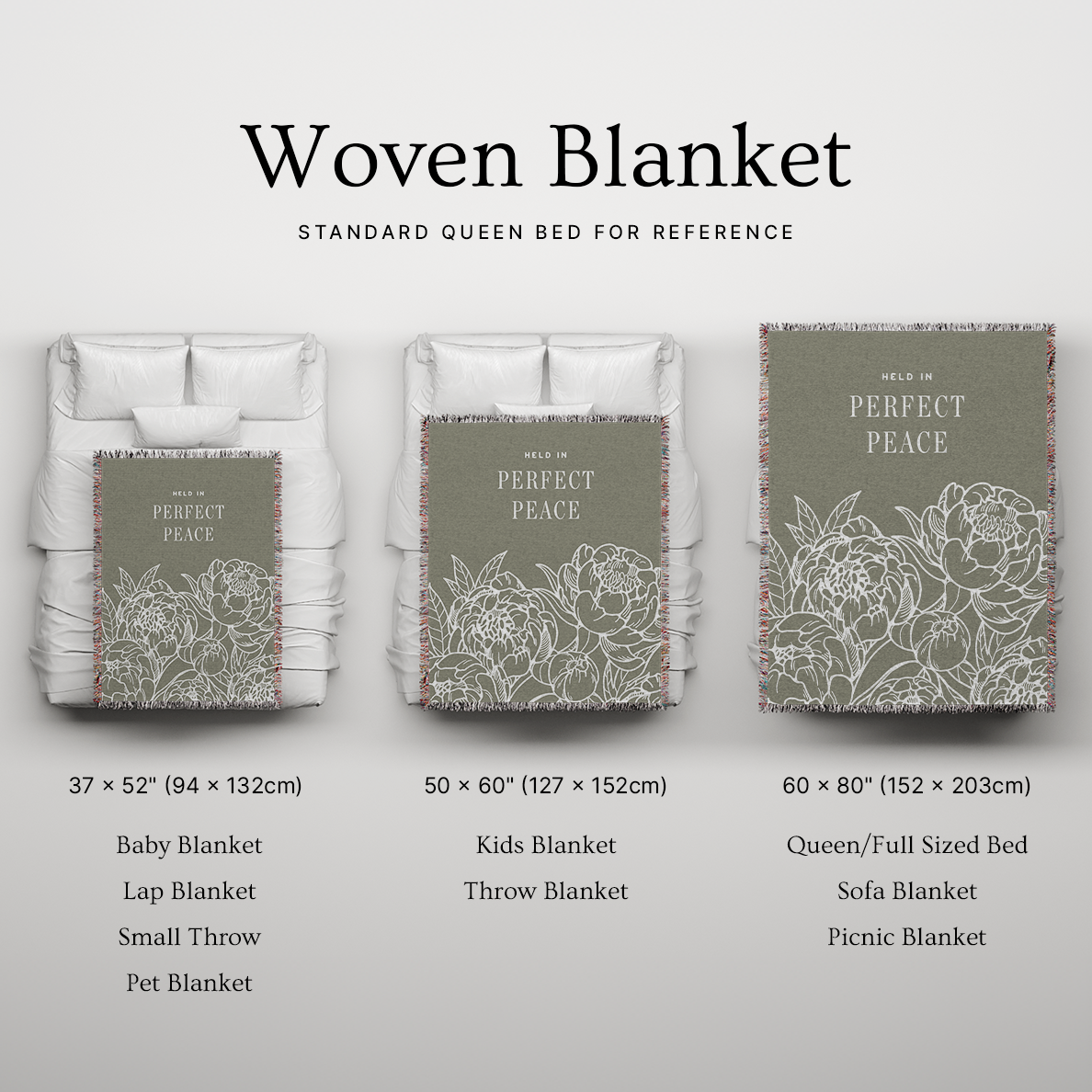 Woven blanket with floral design on a bed, showing different sizes and uses.