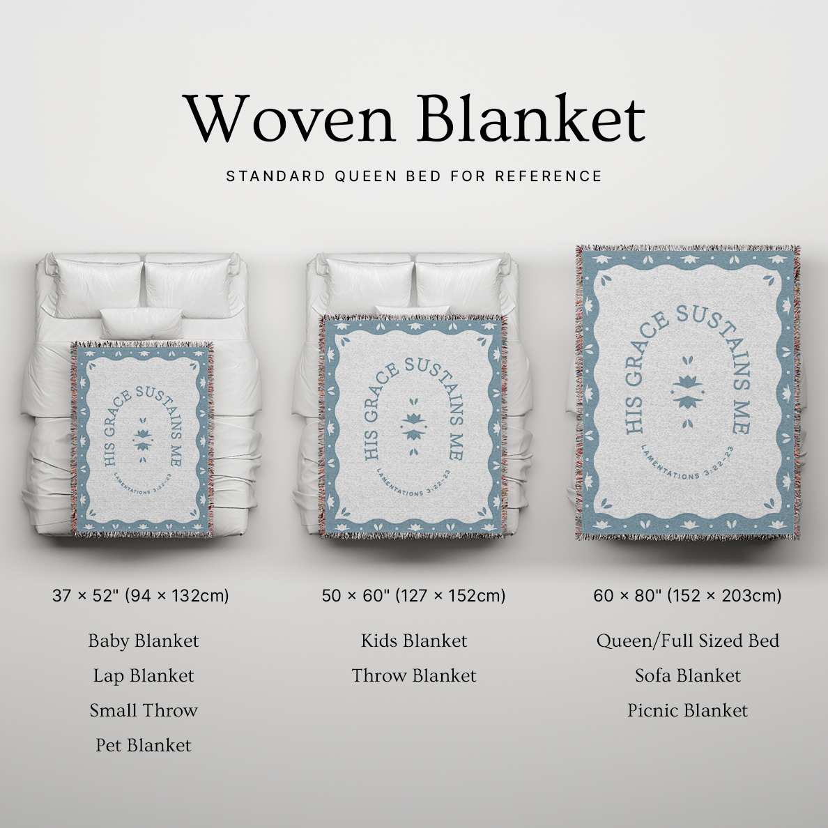 Woven blanket with text on a gray background