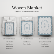 Woven blanket with text on a gray background