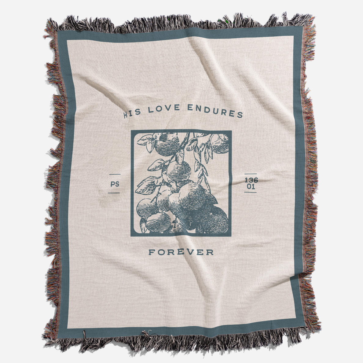 Blanket with text and design on a white background