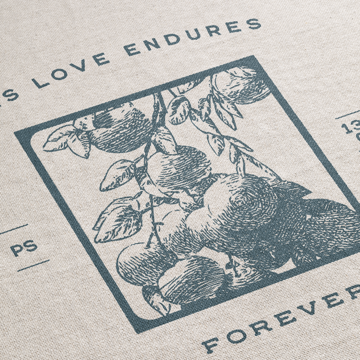 Vintage-style illustration of a fruit branch with text 'Love Endures Forever' on a textured background.