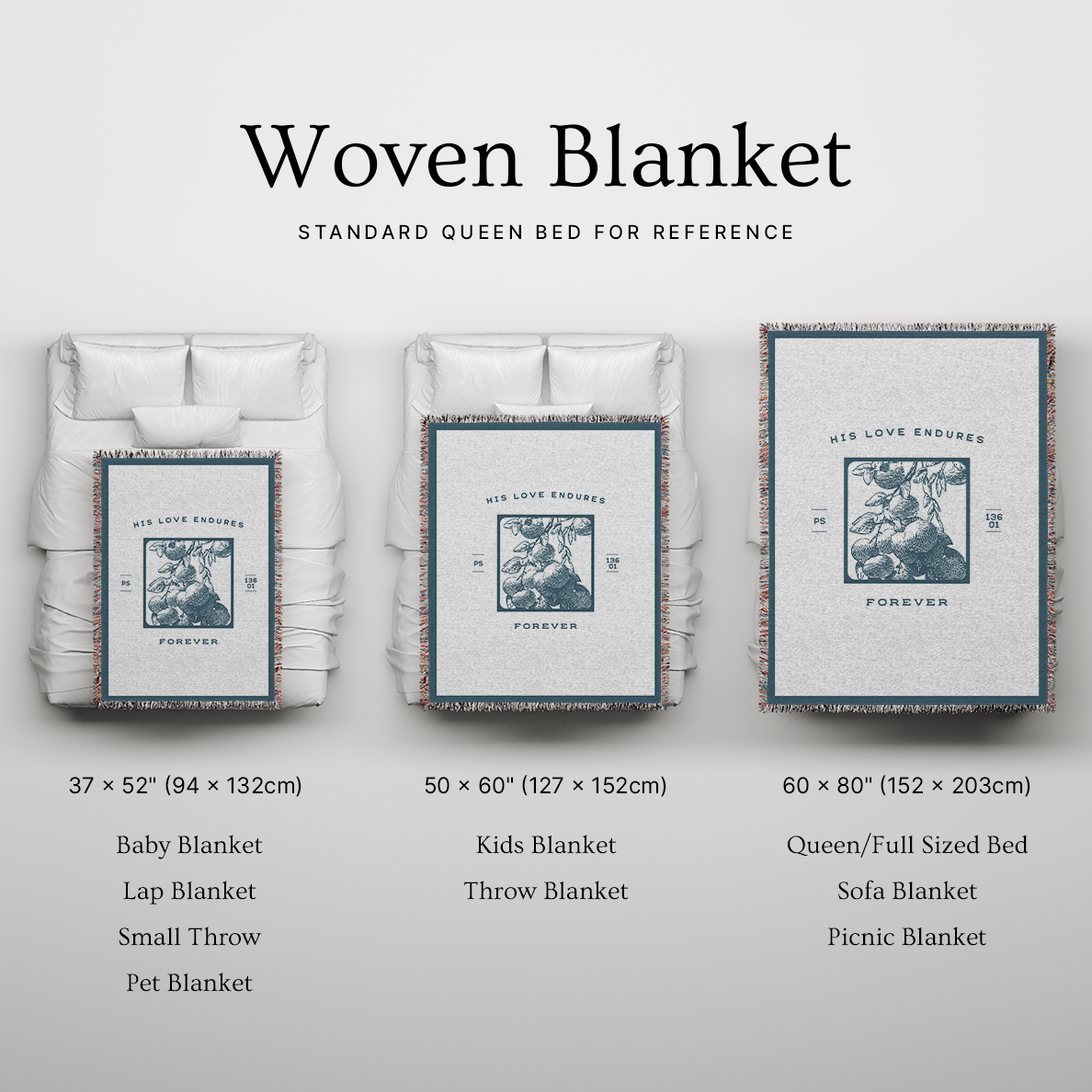 Woven blanket with various sizes displayed on a standard queen bed for reference.