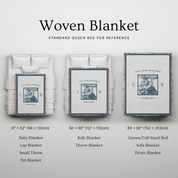Woven blanket with various sizes displayed on a standard queen bed for reference.