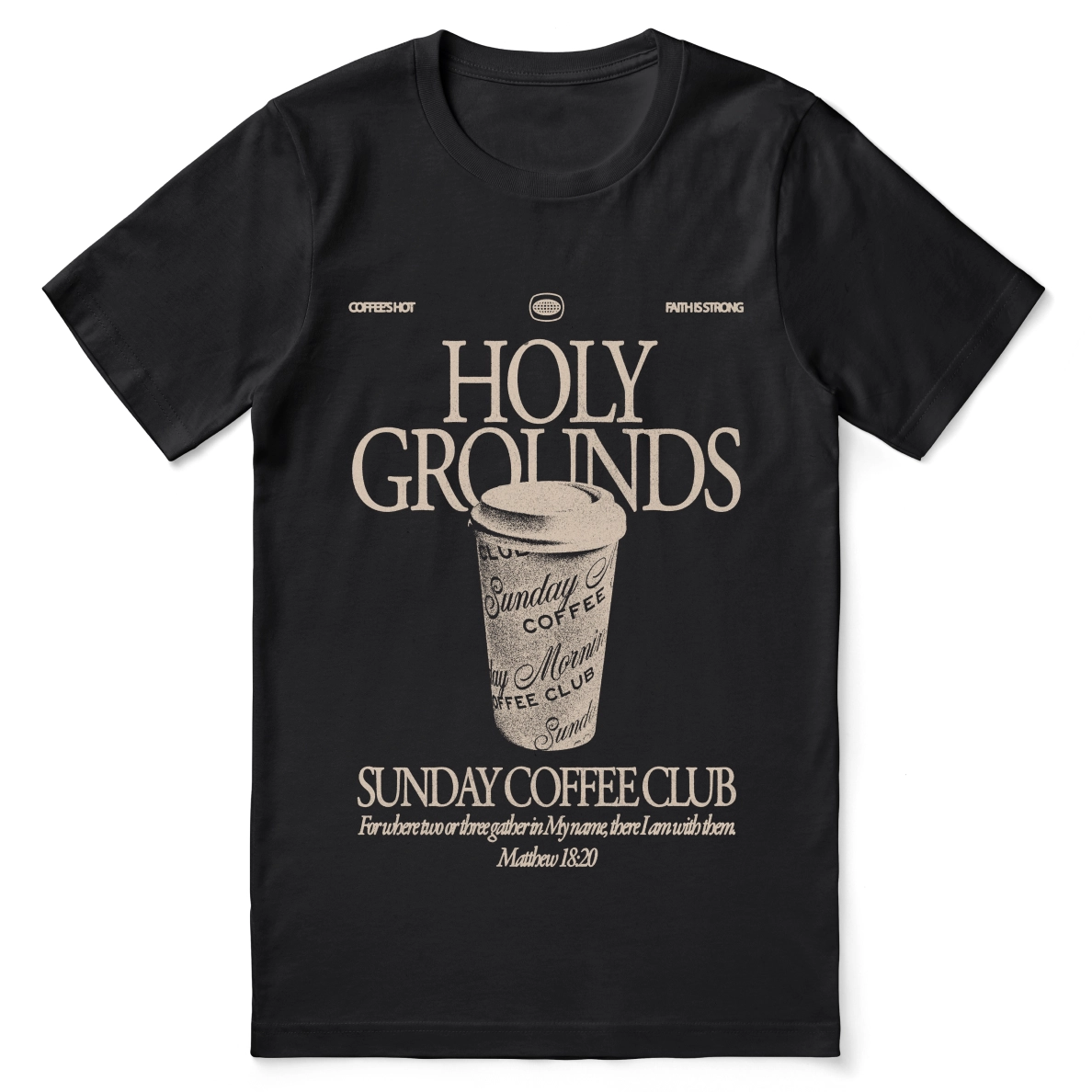 Christian t-shirt with “Holy Grounds Sunday Morning Coffee Club” in retro script; unisex cotton tee for faith, fellowship, and coffee-loving believers.