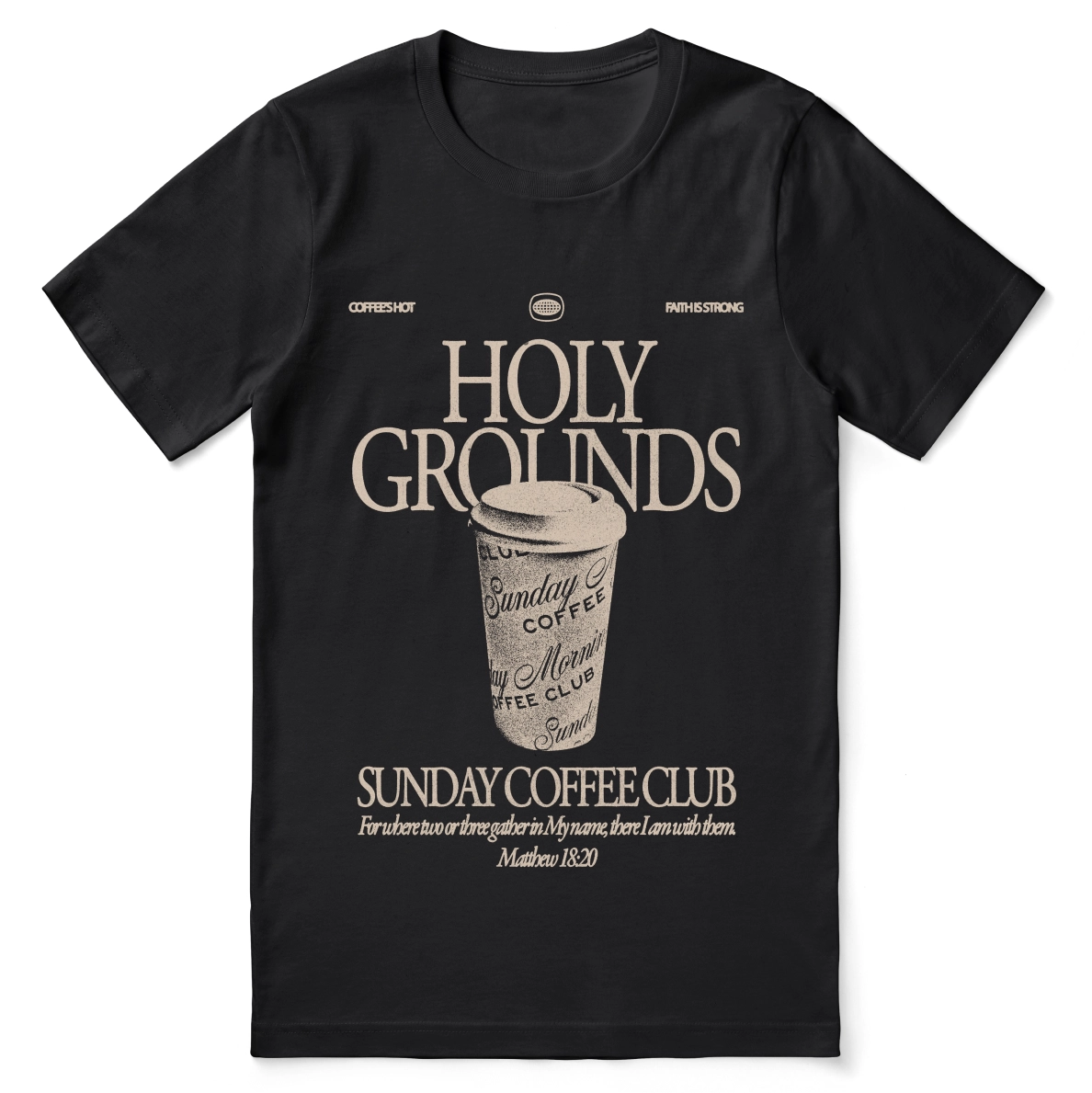 Christian t-shirt with “Holy Grounds Sunday Morning Coffee Club” in retro script; unisex cotton tee for faith, fellowship, and coffee-loving believers.