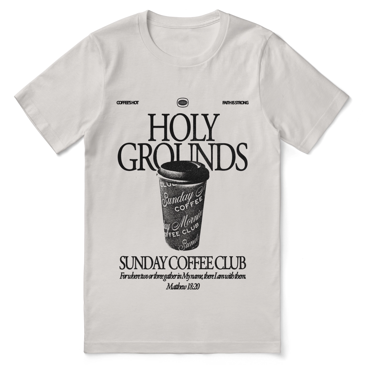 Christian t-shirt with “Holy Grounds Sunday Morning Coffee Club” in retro script; unisex cotton tee for faith, fellowship, and coffee-loving believers.
