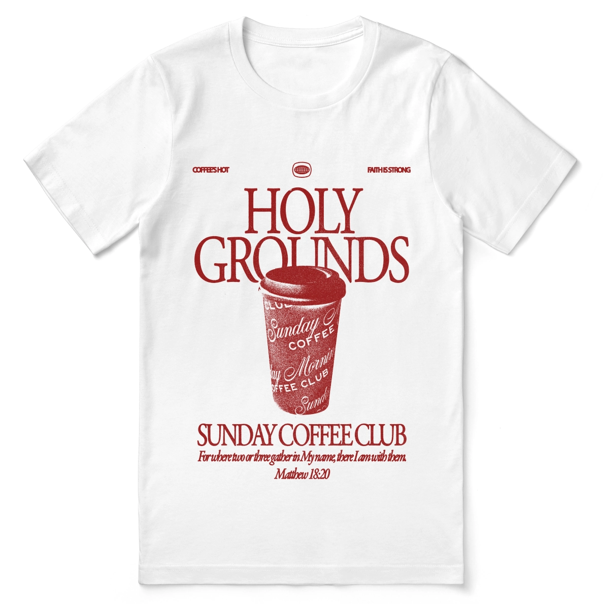 Christian t-shirt with “Holy Grounds Sunday Morning Coffee Club” in retro script; unisex cotton tee for faith, fellowship, and coffee-loving believers.