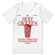Christian t-shirt with “Holy Grounds Sunday Morning Coffee Club” in retro script; unisex cotton tee for faith, fellowship, and coffee-loving believers.
