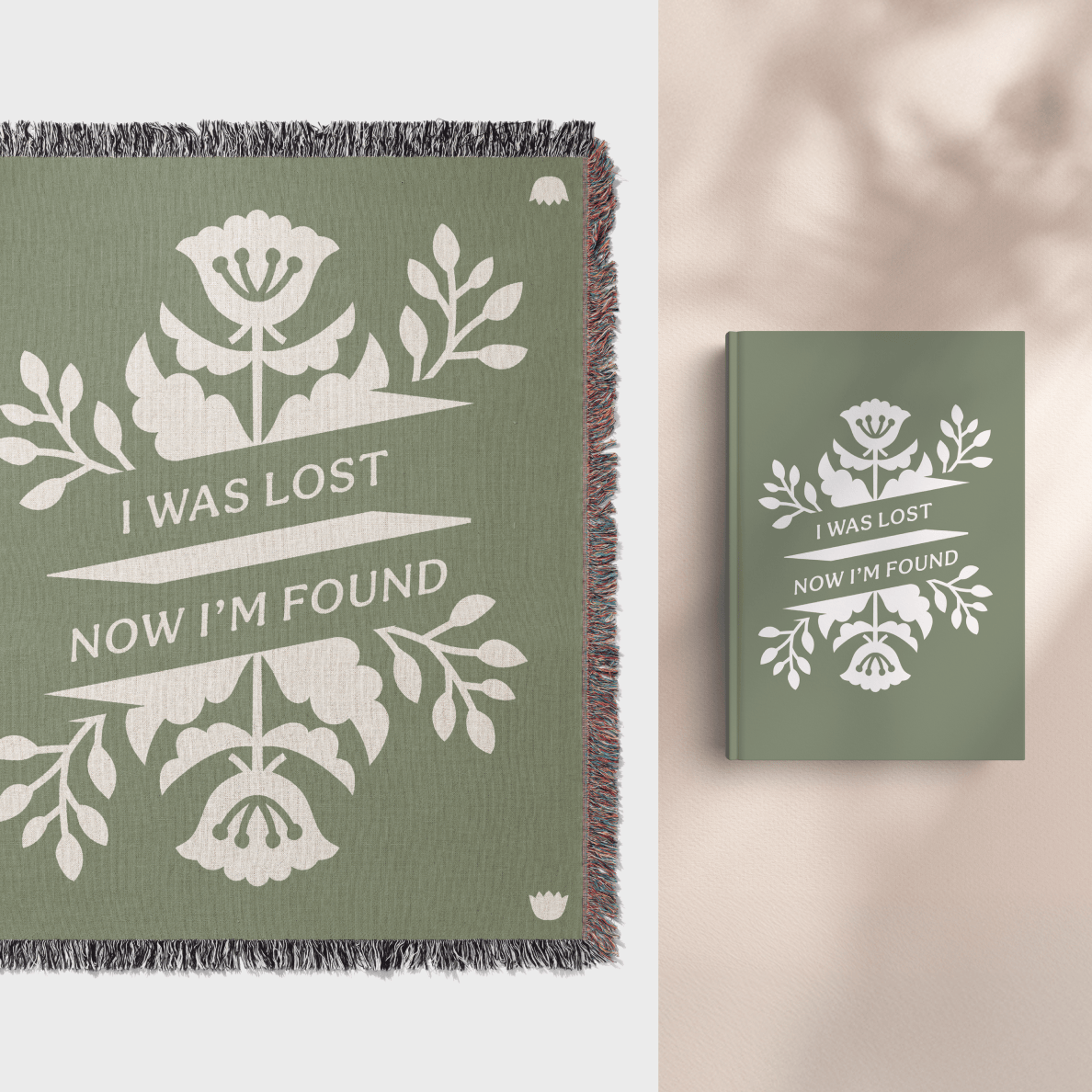 Green blanket and book with floral design and text 'I Was Lost Now I'm Found' on a light background