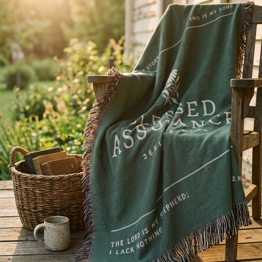 Green blanket with text draped over a chair outdoors on a wooden deck.