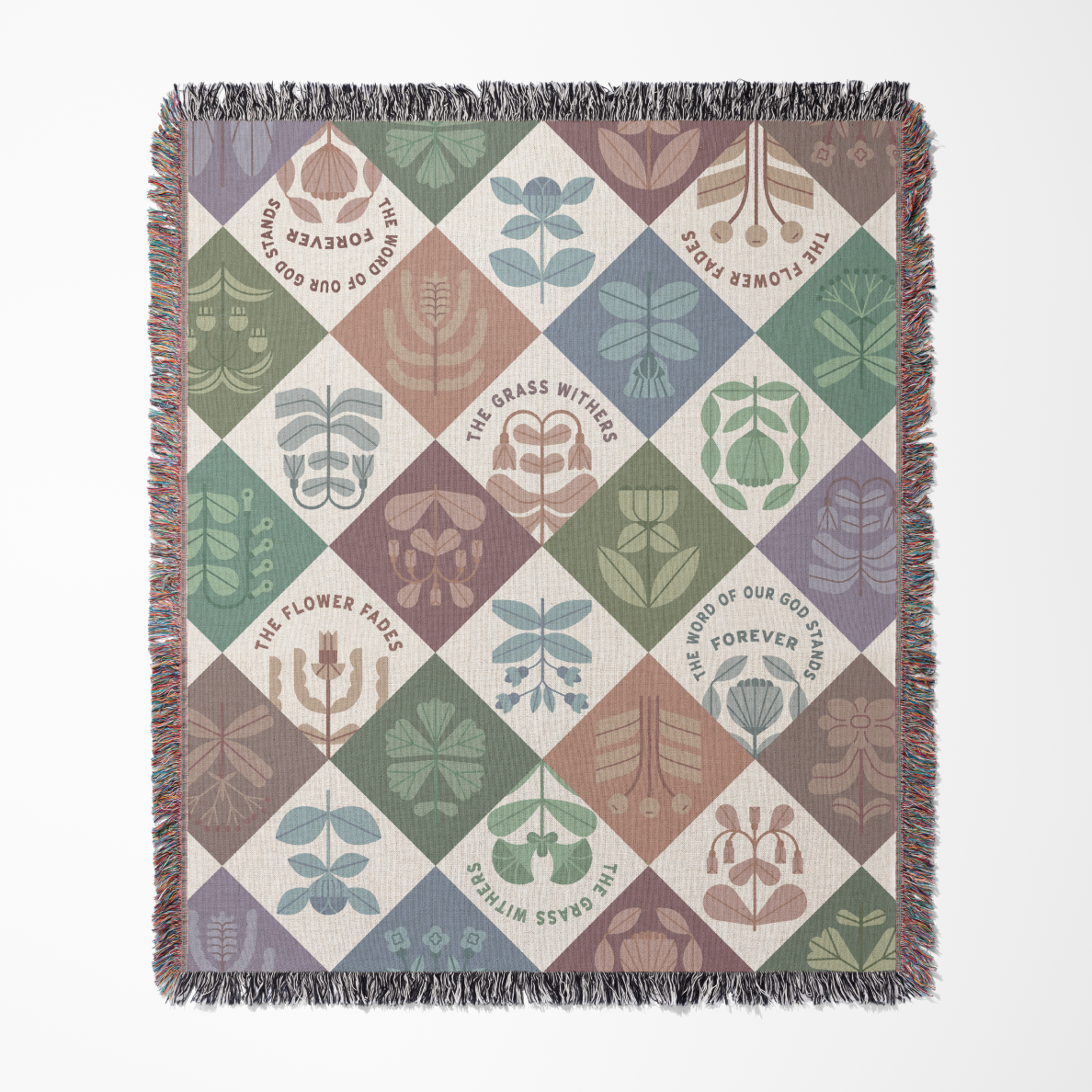 Decorative blanket with geometric pattern and text on a white background