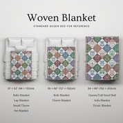 Woven blanket with different sizes displayed on a bed for reference.