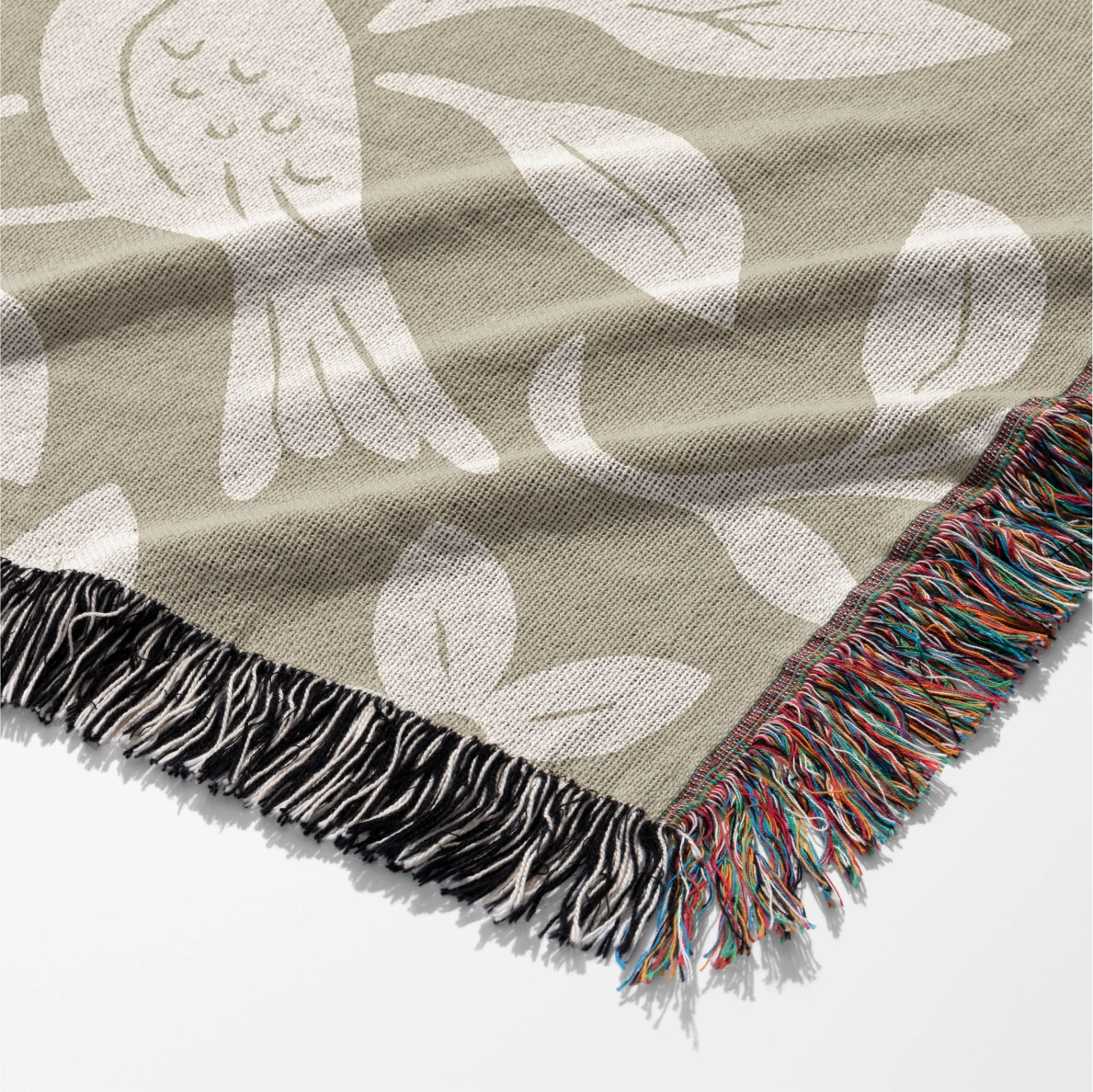 Earthtone green and cream woven blanket with “It is well with my soul,” birds, and floral accents; 100% cotton Christian throw with fringe for peaceful home décor.