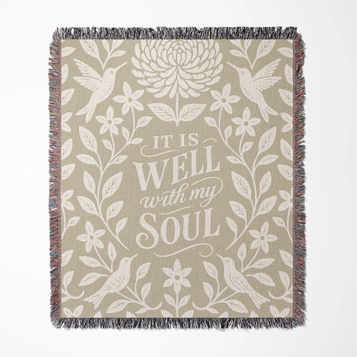 Earthtone green and cream woven blanket with “It is well with my soul,” birds, and floral accents; 100% cotton Christian throw with fringe for peaceful home décor.