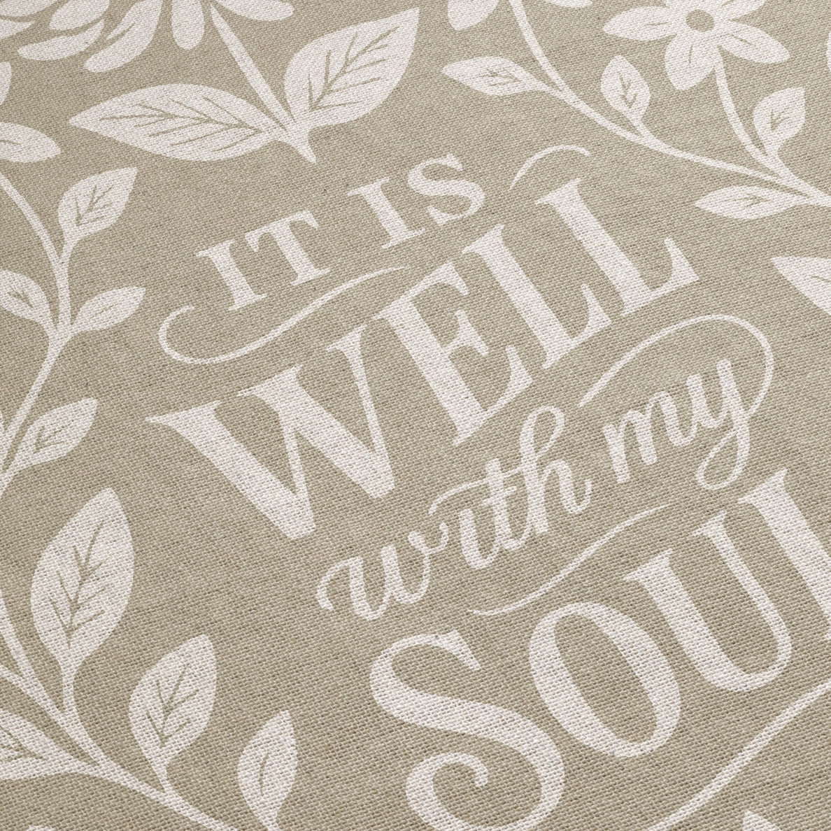 Earthtone green and cream woven blanket with “It is well with my soul,” birds, and floral accents; 100% cotton Christian throw with fringe for peaceful home décor.