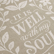 Earthtone green and cream woven blanket with “It is well with my soul,” birds, and floral accents; 100% cotton Christian throw with fringe for peaceful home décor.