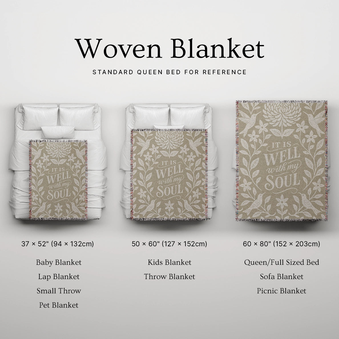 Earthtone green and cream woven blanket with “It is well with my soul,” birds, and floral accents; 100% cotton Christian throw with fringe for peaceful home décor.