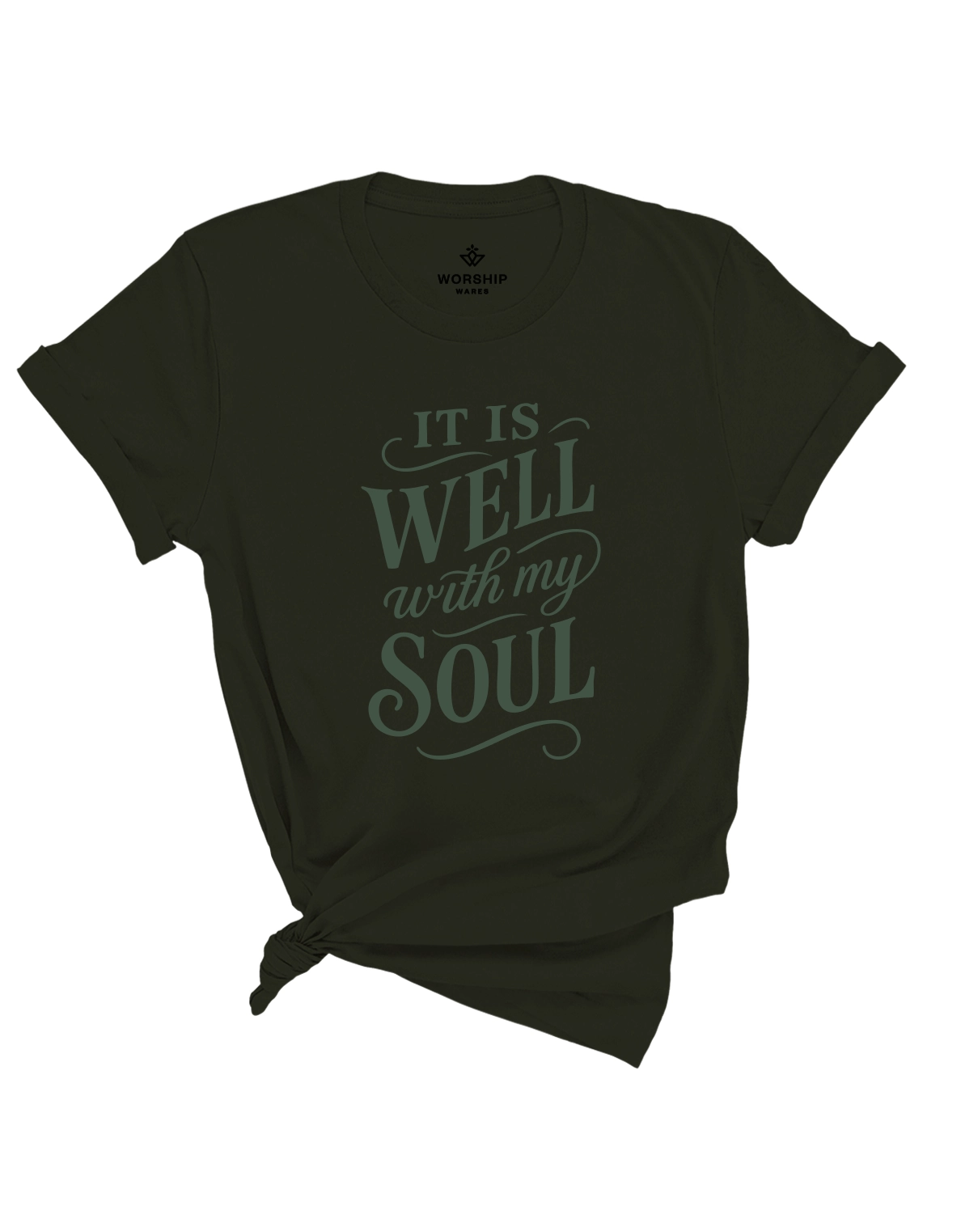 Christian t-shirt with hand-scripted “It Is Well With My Soul” text; soft unisex cotton tee inspired by hymn lyrics, perfect for peace-filled everyday faith and gifting.
