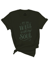 Christian t-shirt with hand-scripted “It Is Well With My Soul” text; soft unisex cotton tee inspired by hymn lyrics, perfect for peace-filled everyday faith and gifting.