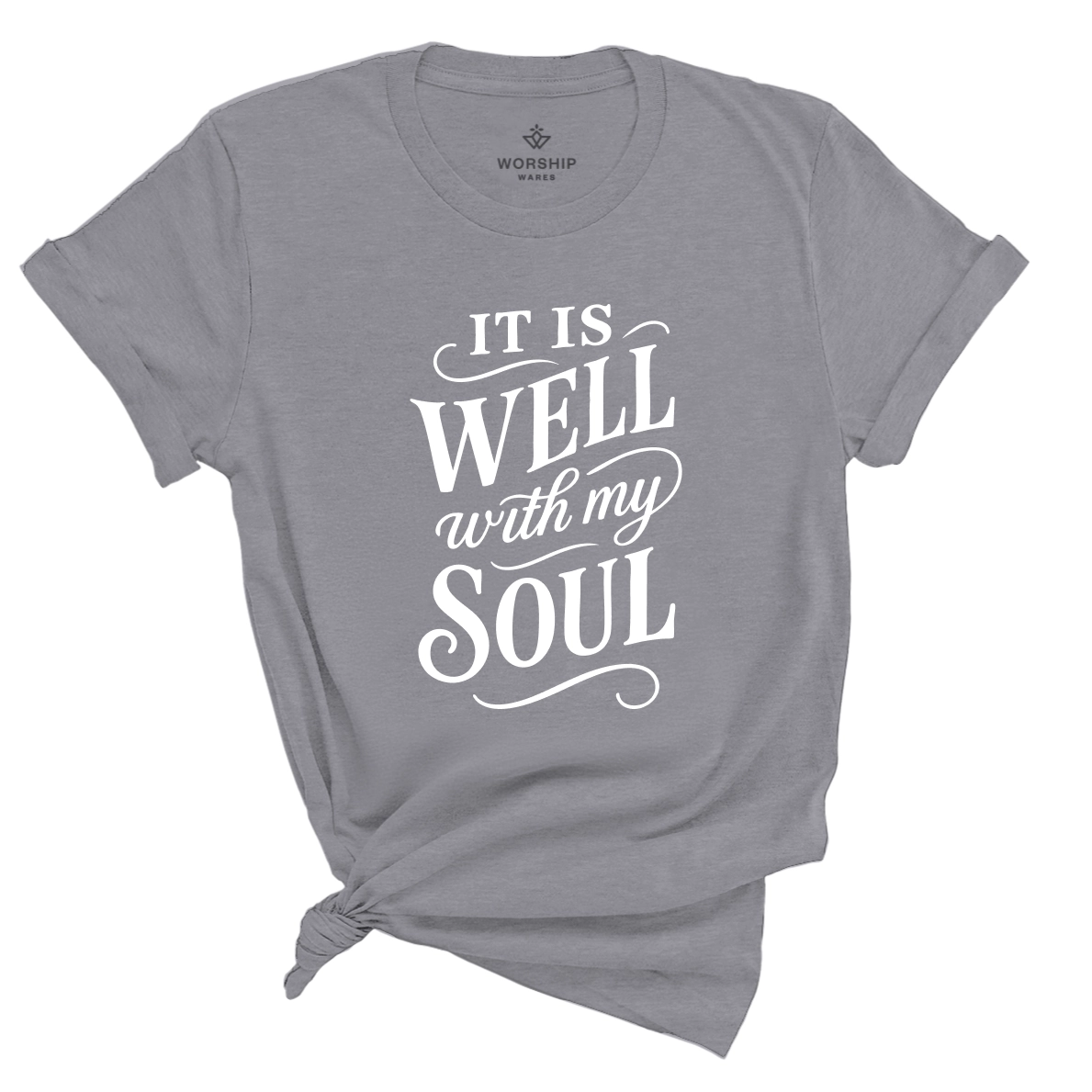 Christian t-shirt with hand-scripted “It Is Well With My Soul” text; soft unisex cotton tee inspired by hymn lyrics, perfect for peace-filled everyday faith and gifting.