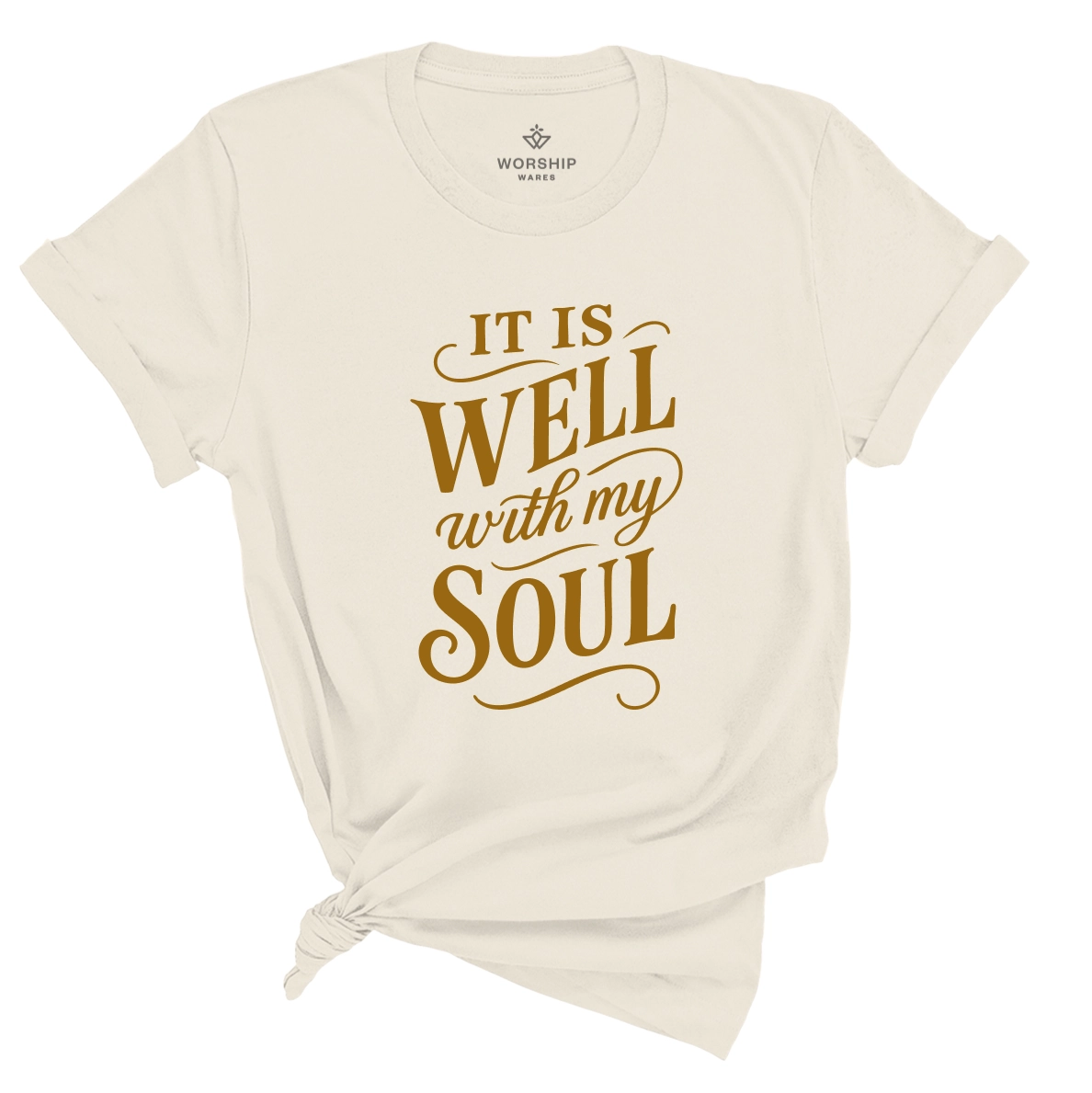 Christian t-shirt with hand-scripted “It Is Well With My Soul” text; soft unisex cotton tee inspired by hymn lyrics, perfect for peace-filled everyday faith and gifting.