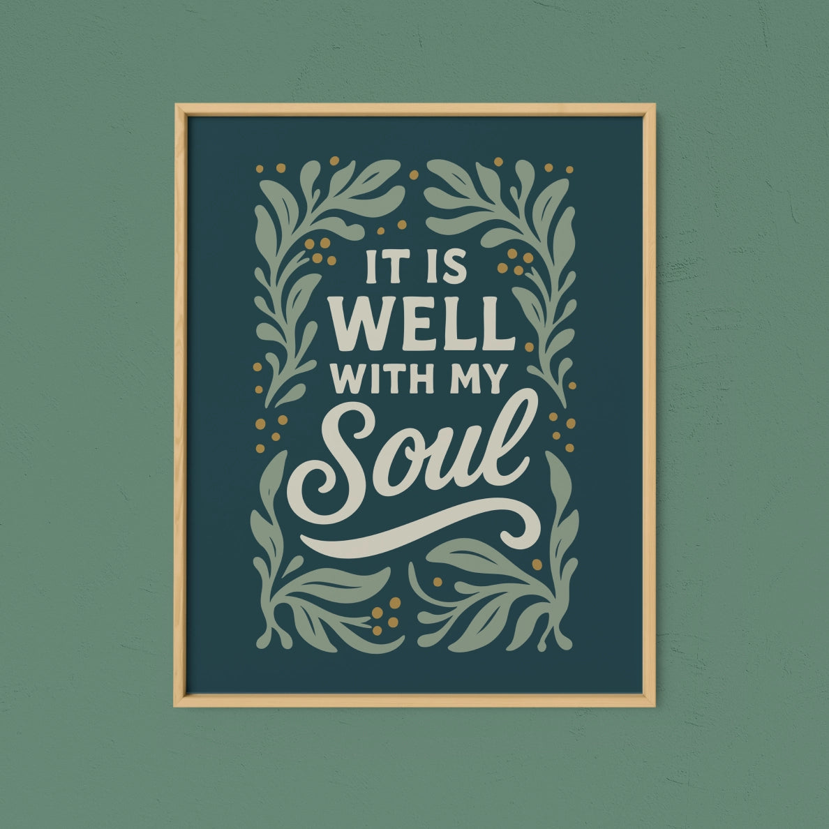 Hand-drawn Christian art print with the phrase “It is well with my soul”; Scripture-inspired wall decor printed on matte archival paper, perfect for peaceful home or faith gift.