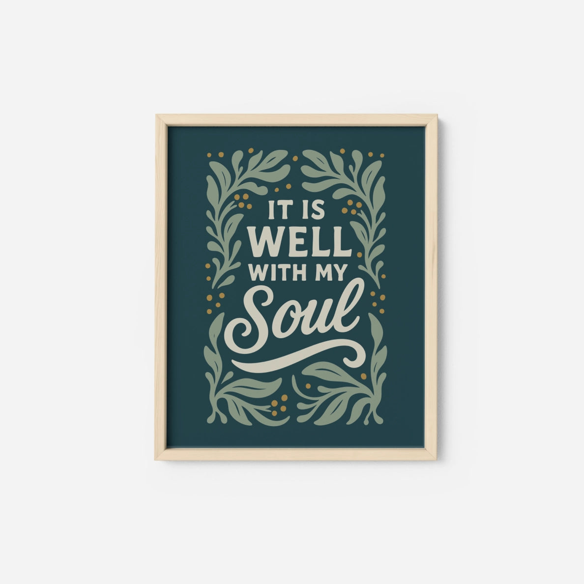Hand-drawn Christian art print with the phrase “It is well with my soul”; Scripture-inspired wall decor printed on matte archival paper, perfect for peaceful home or faith gift.