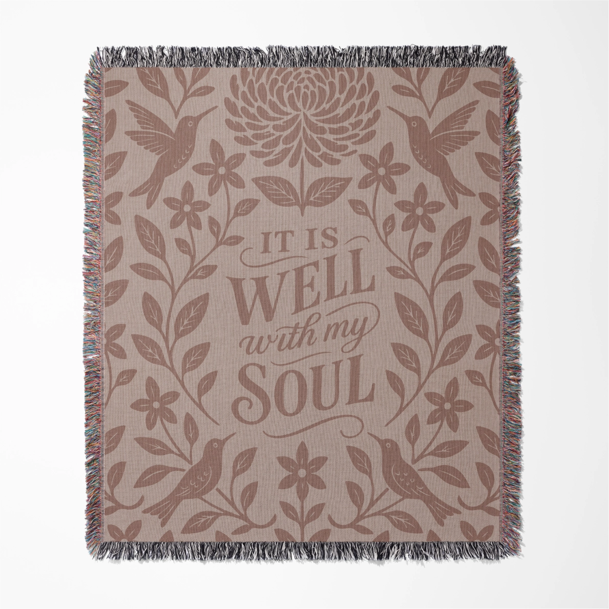 Pink Christian woven blanket with the phrase “It is well with my soul,” featuring birds and floral design; 100% cotton throw with fringe for comfort, faith, and home decor.