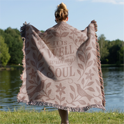 Pink Christian woven blanket with the phrase “It is well with my soul,” featuring birds and floral design; 100% cotton throw with fringe for comfort, faith, and home decor.