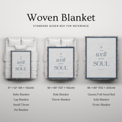 Woven blanket with text on a white background, showing different sizes.