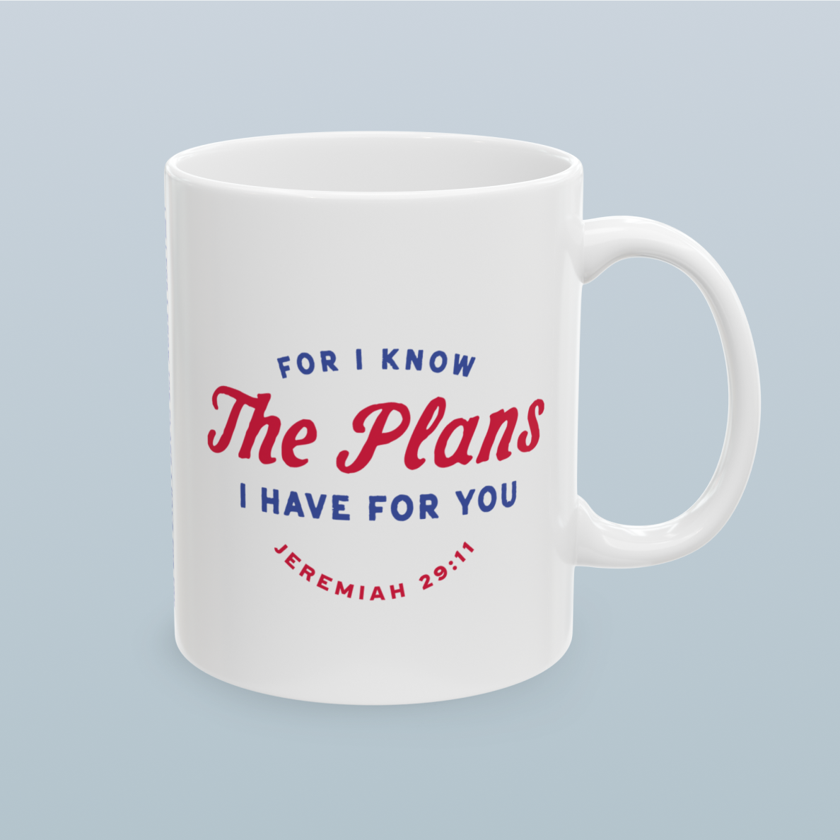 Ceramic mug featuring Jeremiah 29:11 Bible verse with Americana-inspired design, perfect for Christian drinkware and faith gifts.