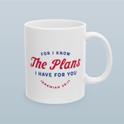 Ceramic mug featuring Jeremiah 29:11 Bible verse with Americana-inspired design, perfect for Christian drinkware and faith gifts.